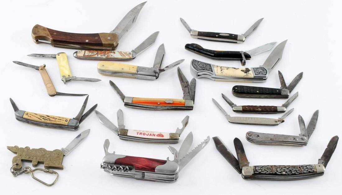 VINTAGE FOLDING POCKET UTILITY KNIFE LOT OF 18: This lot includes 18 better vintage folding knives including 1 1960s Casexx 62019X, 1 Colonial Stockman, 1 Train keychain knife, and many more. Knives vary in size and condition. 1 knife has a broken