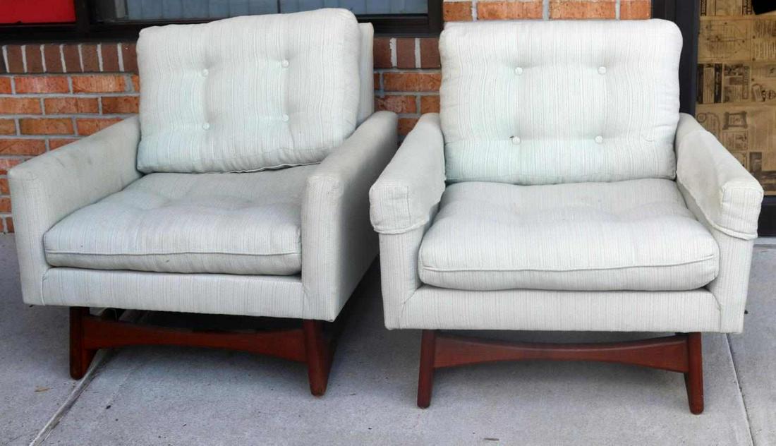 PAIR OF ADRIAN PEARSALL CLUB CHAIRS MID CENTURY: Pair of mid century modern club chairs by Adrian Pearsall for Craft Associates. Chairs have been re-upholstered in a tan fabric. Some slight scuffs to wooden legs and some slight staining evident on f