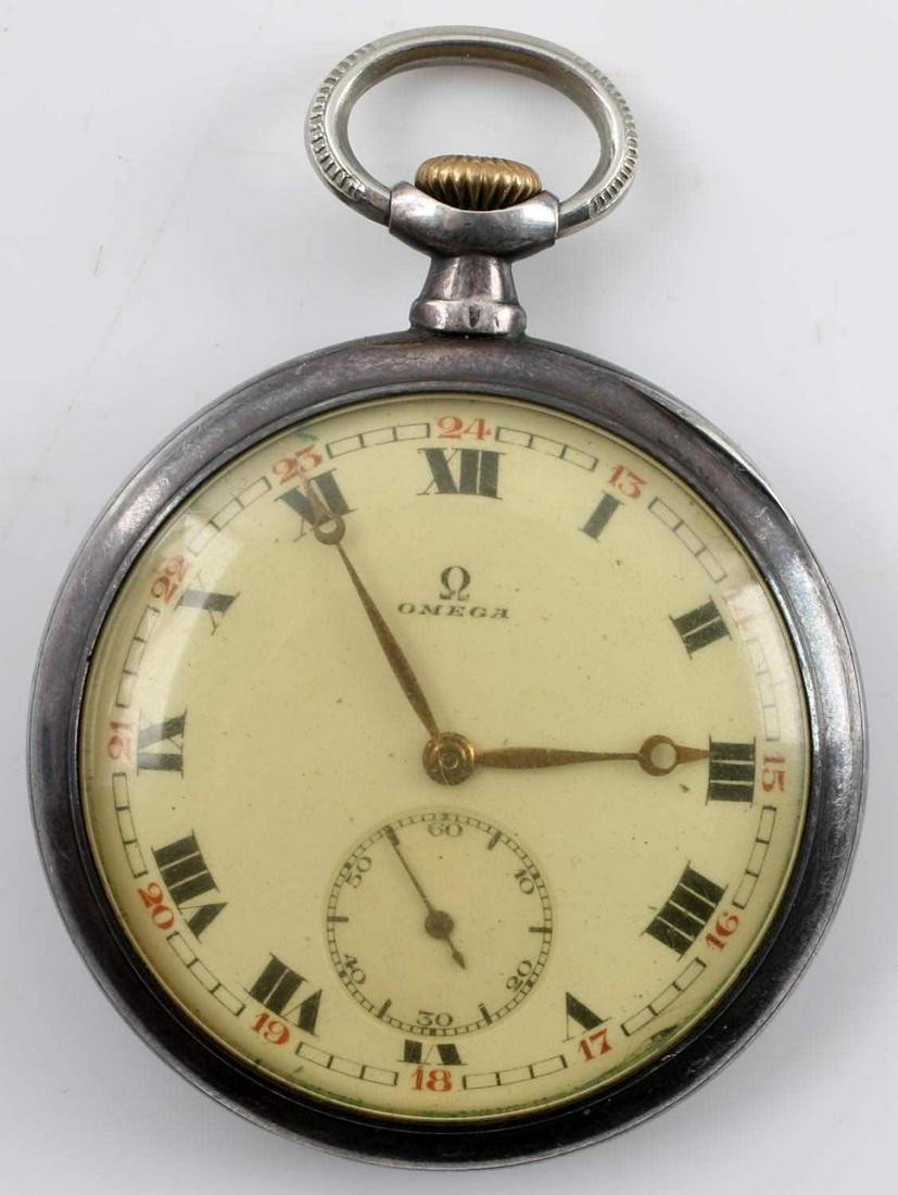 ANTIQUE .900 SILVER OMEGA POCKET WATCH: Strong self starting movement 38mm face, movement S/N 6087647, .900 silver swiss case.