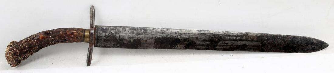 ANTIQUE GERMAN HIRSCHFANGER TYPE HUNTING KNIFE: Antique European hunting knife with a stag antler handle which appears to be patterned after a German Hirschfanger. Measures about 22 inches in length overall. Blade has some minor pitting and age spo