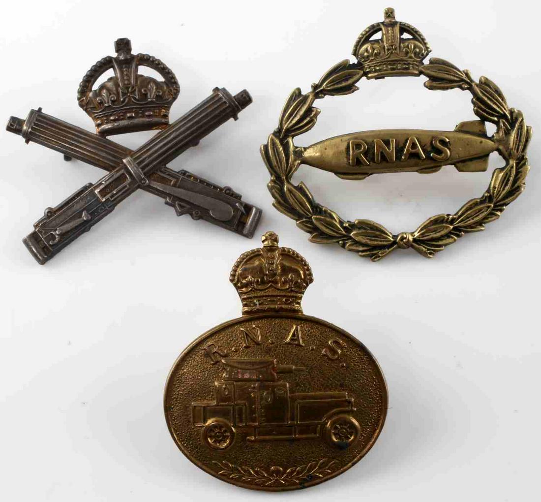 WWI ROYAL NAVAL AIR SERVICE BLIMP MGC BADGE LOT: Lot includes 2 RNAS badges and Machine Gun Corp badge, Kings crown original east west lugg reverse. Cap badges.