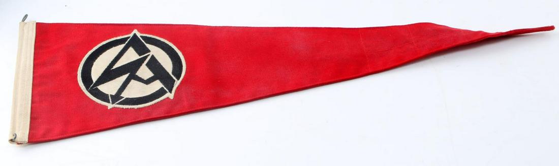 WWII GERMAN THIRD REICH EARLY SA PENNANT FLAG: 22 Inch long early SA pennant flag. Double sided stitched construction with reinforcement panel at end. In very good condition. This lot has a reserve.