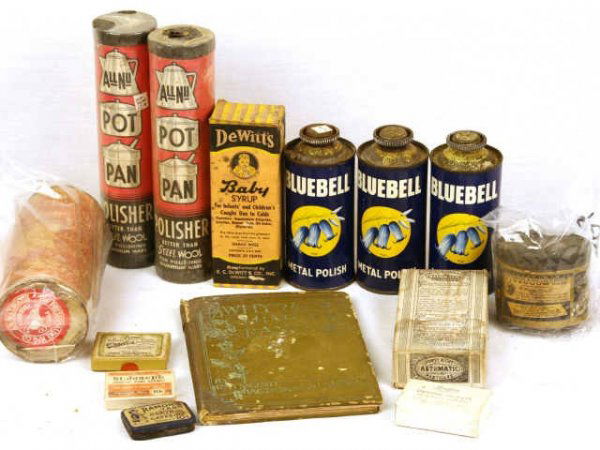 ANTIQUE APOTHECARY GENERAL STORE BLUEBELL: 3 tins Bluebell metal polish, 2 containers AllNu pot pan polisher, Samuel Kidder asthmatic pastilles, DeWitt's baby syrup, Preservaline washing powder from the 1920's, Allen & Ginter's tobacco tin, gl