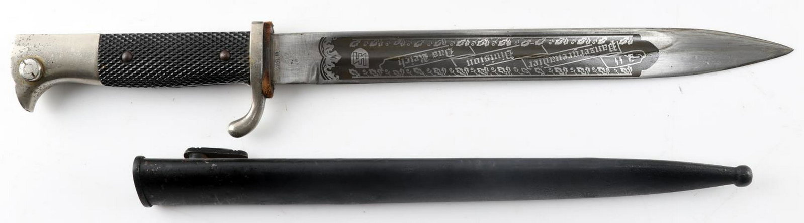 WWII GERMAN SS DIVISION ENGRAVED BAYONET: German SS Das Reich Division engraved bayonet. Engraved blade reads "2. SS Panzergrenadier Division Das Reich." with 2nd Division Wolfsangel rune. Bayonet is also maker marked WKC with stylized knight