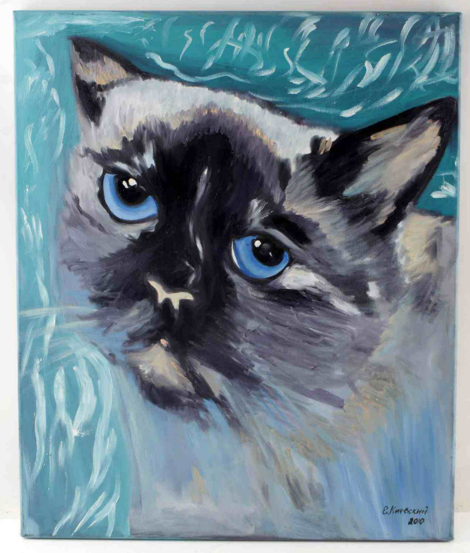PAINTING OF BLUE EYED CAT AGAINST BLUE BACKGROUND: Painting shows the head of a bright blue eyed cat against a teal background. Signed "?. ????????" Measures 19.75 inches by 24 inches.