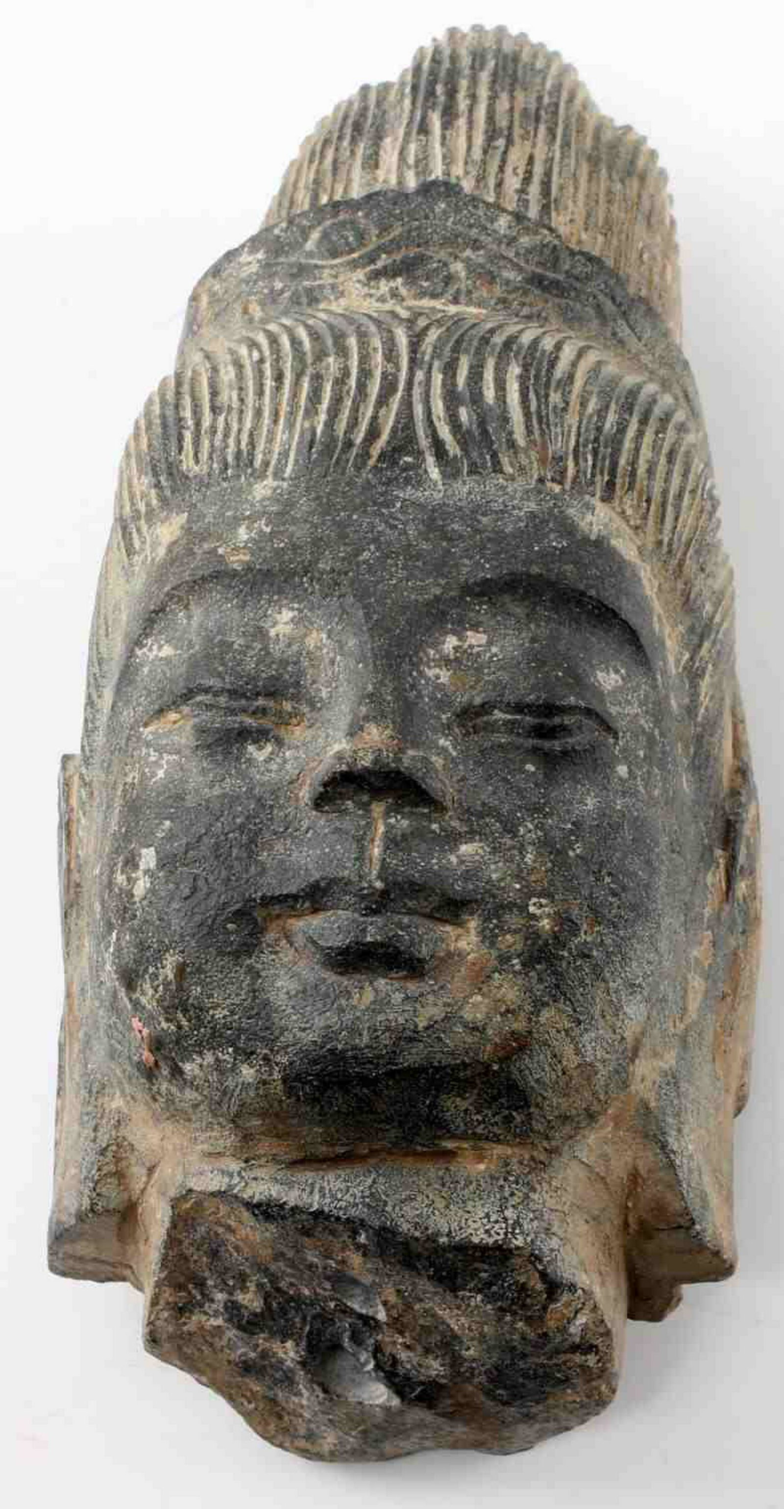 HAND CARVED STONE SCULPTURE OF GUAN YIN BUST: Hand-carved stone, broken off at bottom and hole at bottom. Measures 11 X 4.5 X 4 inches. Weighs 4.8 pounds. Good condition.