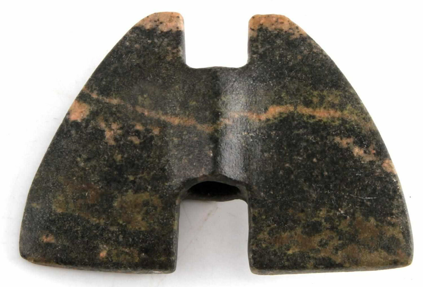 DOUBLE NOTCHED WINGED SPEAR BANNERSTONE: Kentucky Bannerstone. Measurements 10.5 x 7.5 x 3 cm, openings 1.4cm, 1.3CM