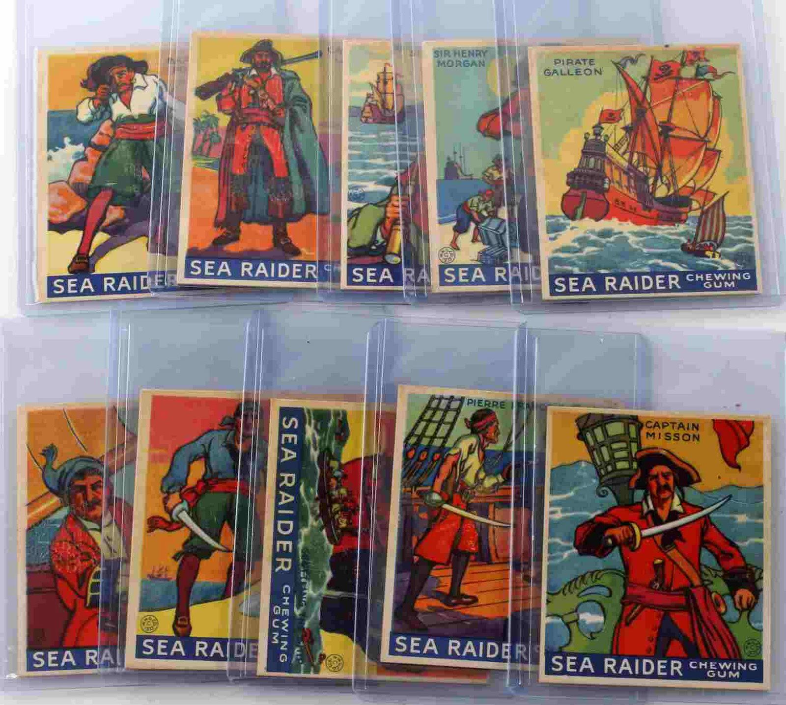 1933 R124 SEA RAIDER CHEWING GUM CARD LOT OF TEN: Lot contains 10 Sea Raider chewing gum cards. Includes Pirate Galleon, Sir Henry Morgan, Captain Misson, Pierre Francois, Scuttling the Ship, John Quelch, Capt. Fracis Lolonois, Sir Francis Drake, Cap