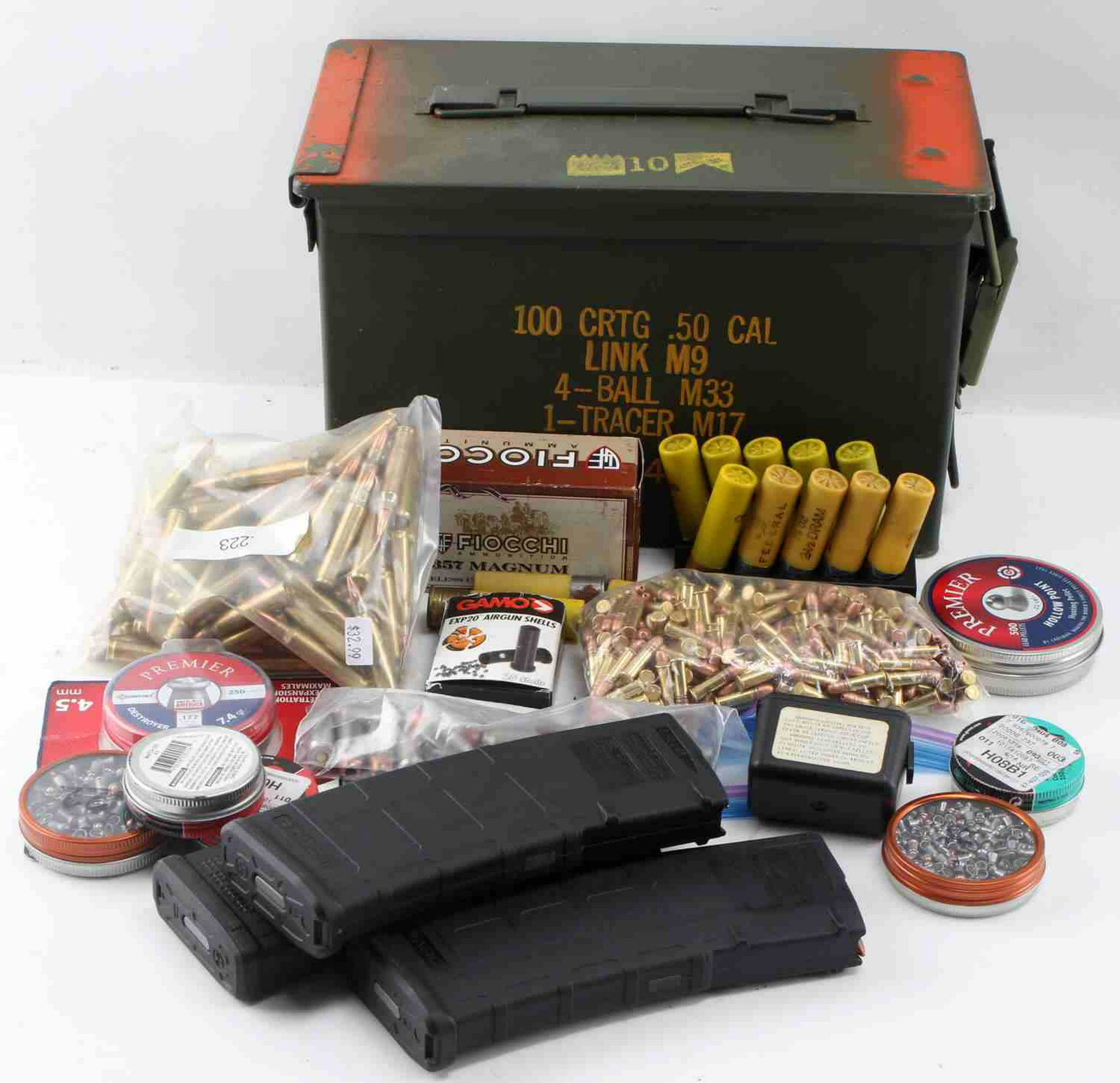 OVER 500 ROUNDS OF MIXED AMMO 5.56 22 357 177 45: Lot includes: three full 30-rd magazines of 5.56X45, bag of .22 shells, bag of 2.23 (about 100), twenty .45 acp, 50 count box of Fiocchi .357 Magnum, few 20 gauge cartridges, containers of .177 and .2
