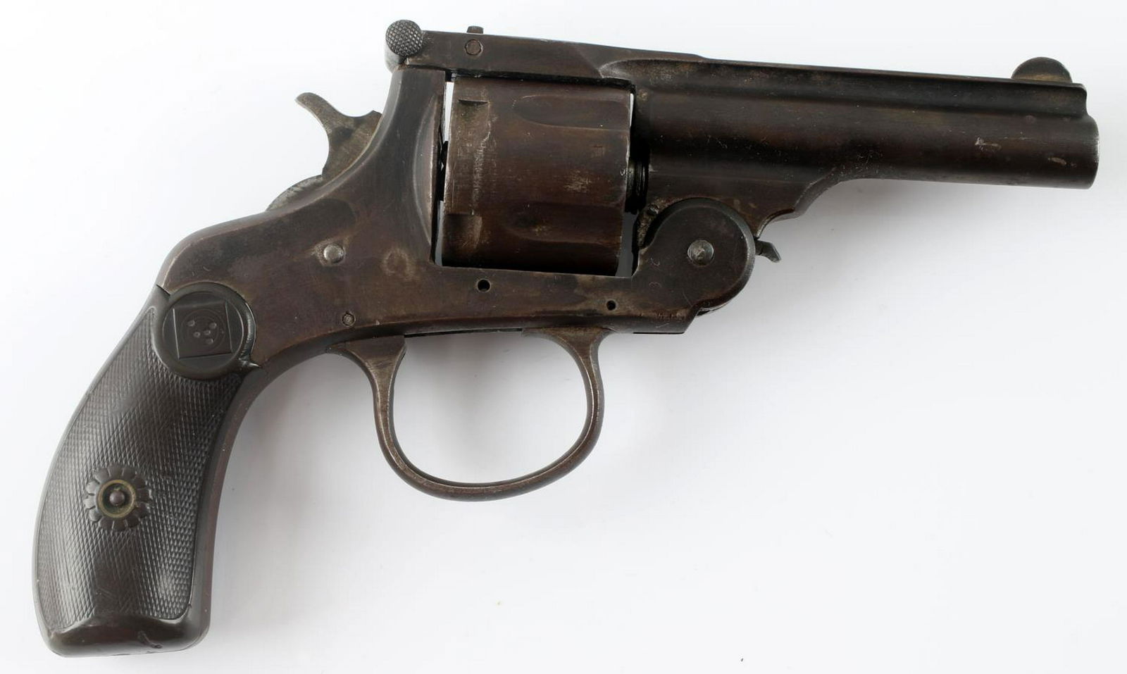 HARRINGTON & RICHARDSON TOP BREAK .38 CAL REVOLVER: Manufactured 1890's. For parts gun only. Missing trigger and screws. Loss on one grip. Brown patina. Cannot ship internationally. Serial #: 466
