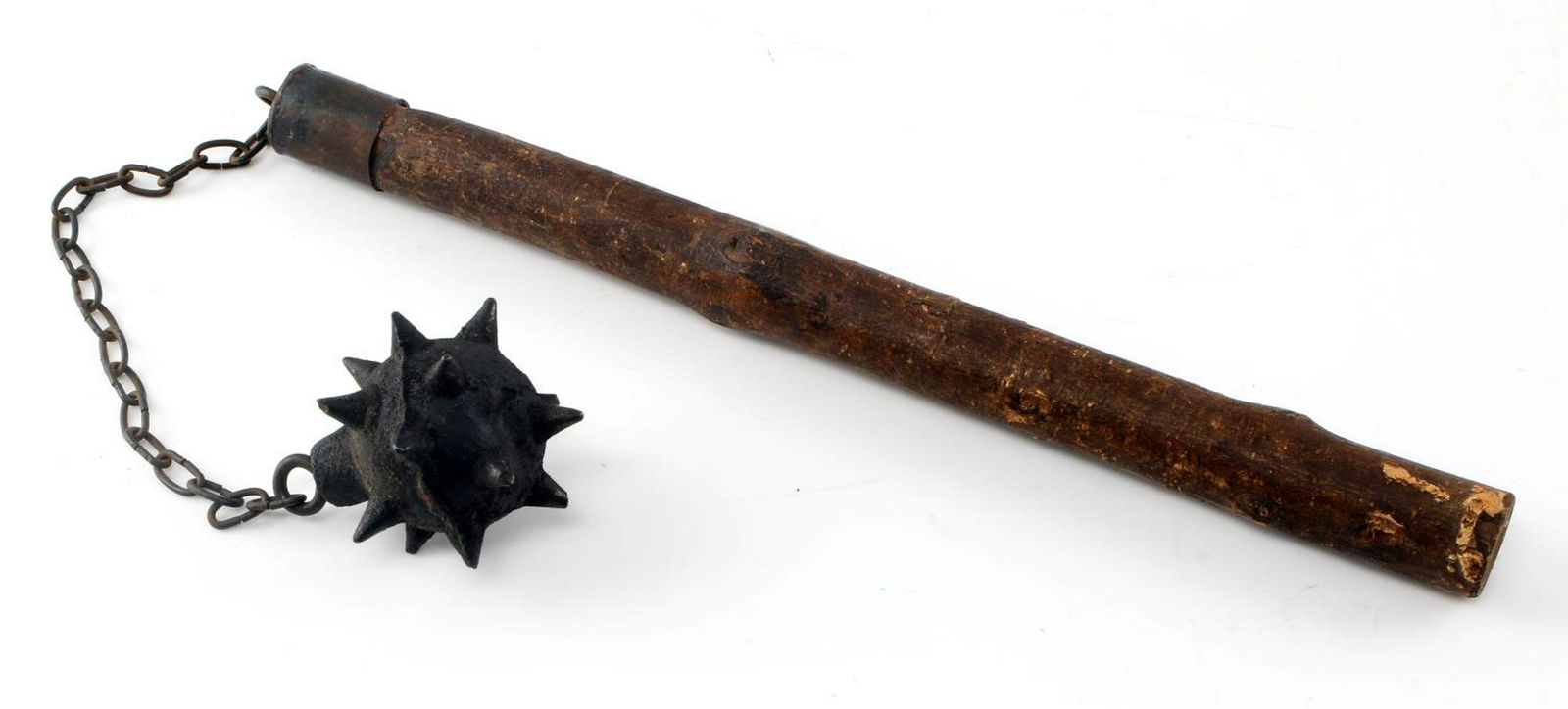 VICTORIAN PERIOD REPLICA MEDIEVAL BALL CHAIN FLAIL: Medieval ball-and-chain flail replica believed to have been manufactured in the Victorian period. Has a rough wooden shaft, iron collar, chain, and cast iron ball. Measures 25 1/2 inches
