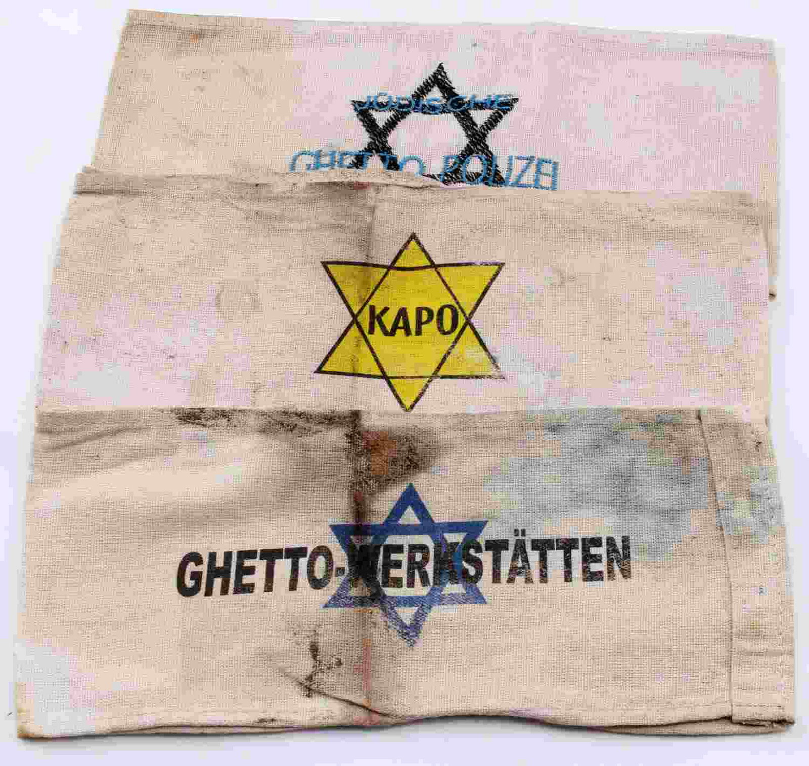 WWII GERMAN THIRD REICH HOLOCAUST ARMBAND: 3 Third Reich Jewish related armbands. Includes Jewish Ghetto Police, Jewish Kapo, and Ghetto workshop. In very good condition. Unauthenticated/Sold 'as is'. This lot has a reserve.