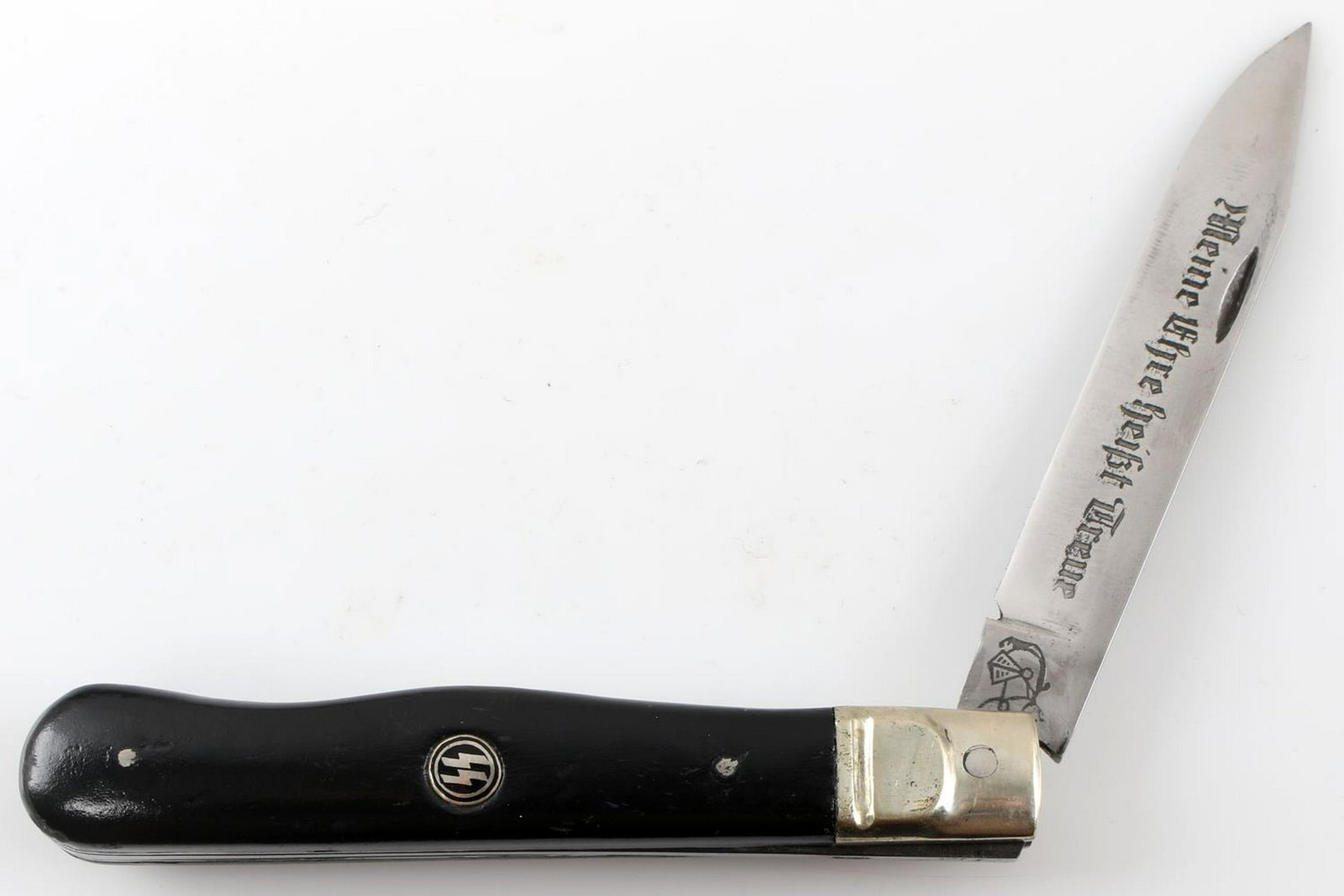 WWII GERMAN THIRD REICH WAFFEN SS POCKET KNIFE: German SS pocket knife. Has affixed double S sig runes on handle and the SS motto engraved on blade. The WKC knight motif is present on ricasso. Good condition overall with some wear and patina presen