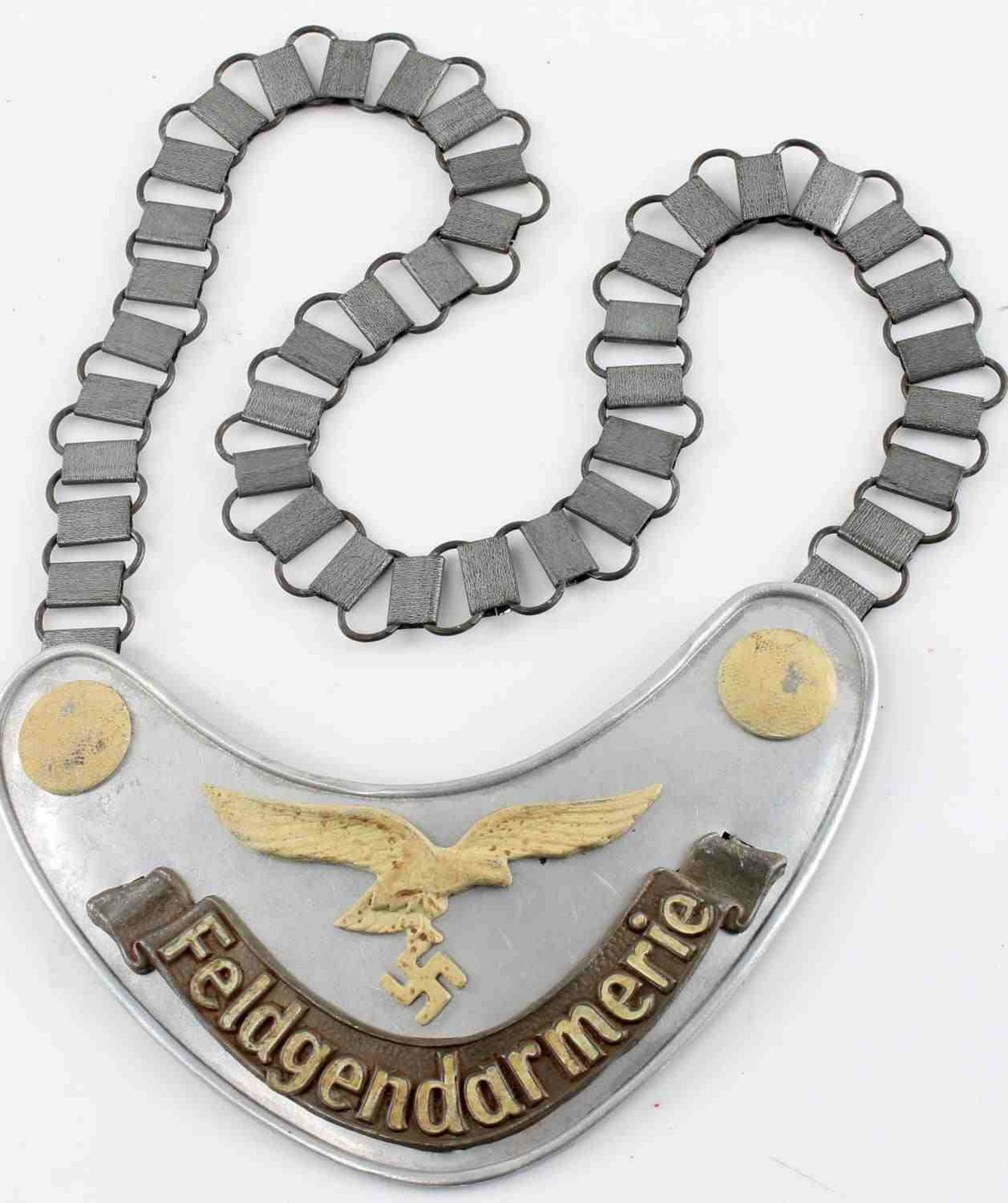GERMAN THIRD REICH LUFTWAFFE FELDGANDARME GORGET: Luftwaffe Feldgendarme gorget. Has Luftwaffe mark on the hook on the back. In very good condition. Unauthenticated/Sold 'as is' This lot has a reserve.