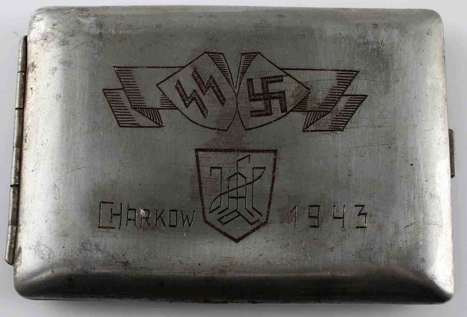 WWII GERMAN SS ADOLF HITLER KHARKOV CIGARETTE CASE: German Division SS Leibstandard Adolf Hitler Battle of Kharkov cigarette case. Has engraved LAH insignia, double S sig runes, and "Charkow 1943" at its top. Good condition overall. Some corrosion and 