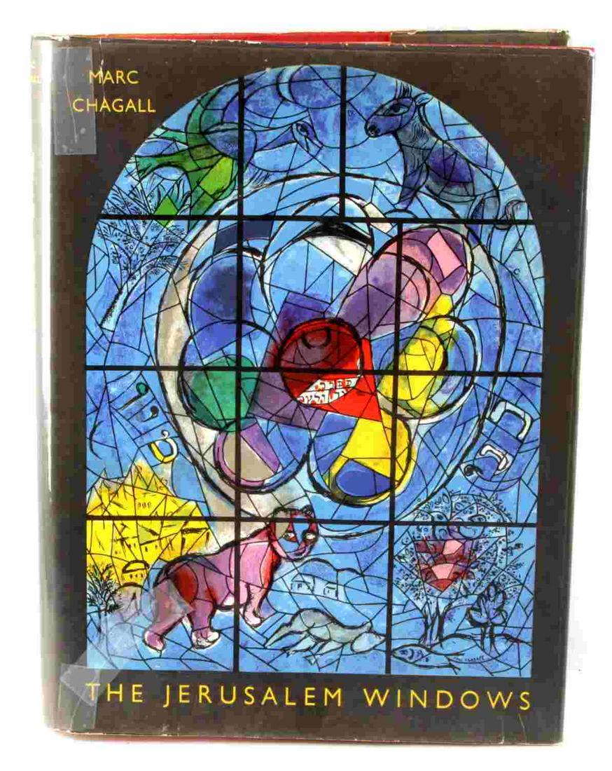 MARC CHAGALL THE JERUSALEM WINDOWS 1962 BOOK: First edition of Marc Chagall's "The Jerusalem Windows" published in 1962. Book has text and notes by Jean Leymarie (translated from French by Elaine Desautels). Two original lithographs by Chagall we