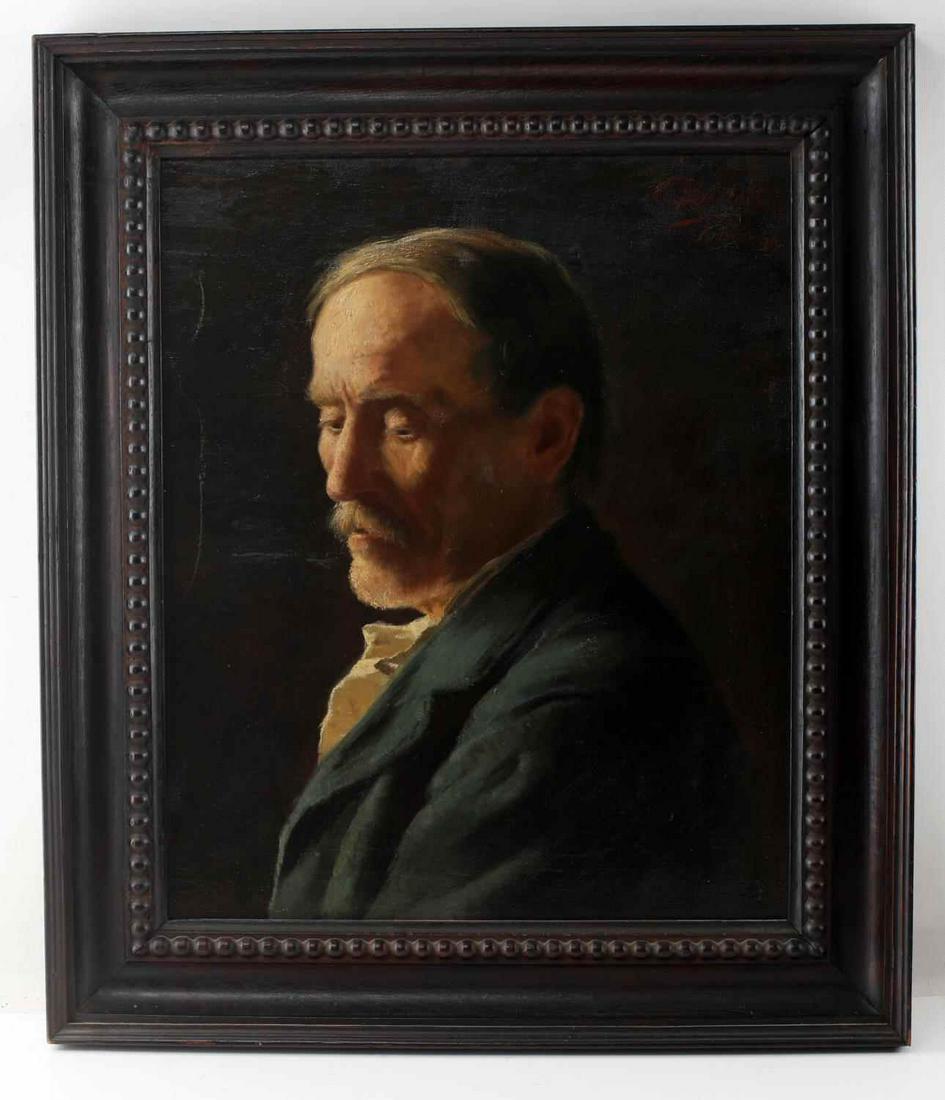 CARL OLOF BARTELS SIGNED OIL ON BOARD PORTRAIT: Oil on board bust length portrait of an older man by German artist Carl Olof Bartels. Signed and dated at top right corner. Mounted in a black wood frame. This oil portrait measures 16.25 inches by 20