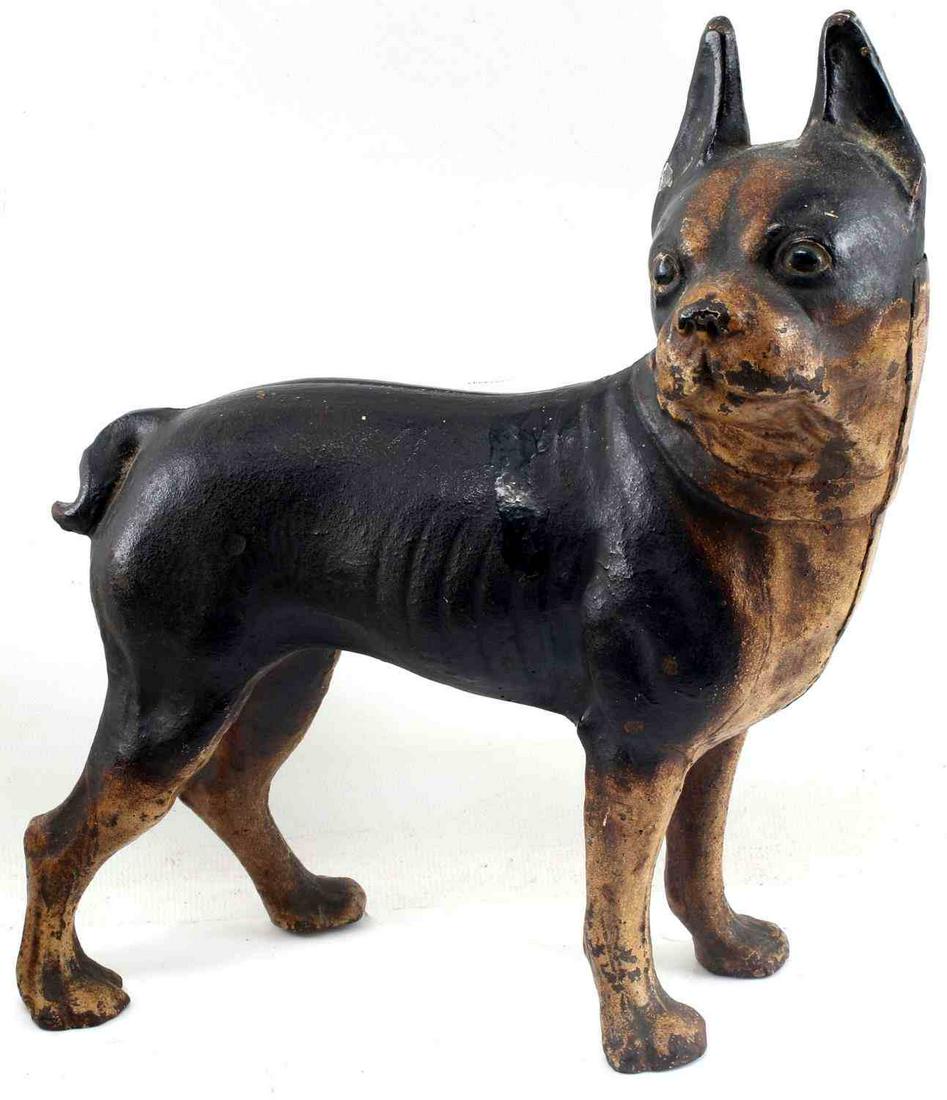 ANTIQUE HUBLEY BOSTON TERRIER CAST IRON DOOR STOP: Measures 9 by 8 inches, very good original paint and typical Hubley quality.