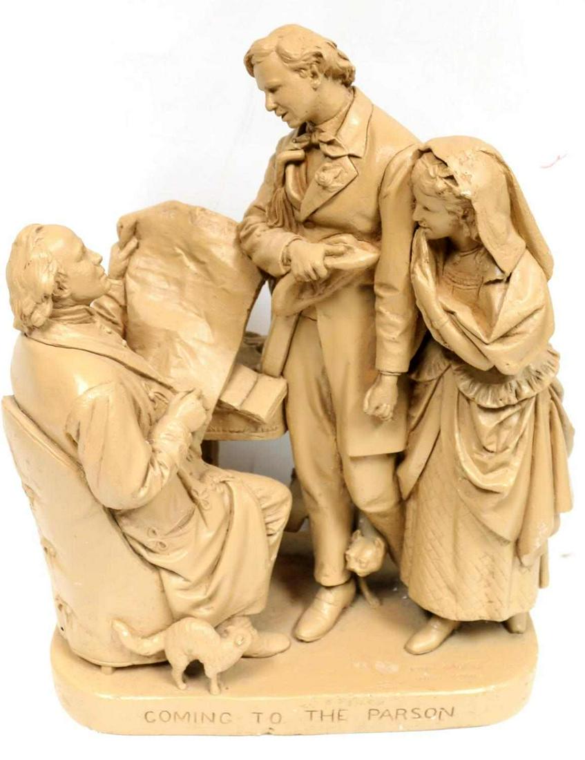 VICTORIAN JOHN ROGERS COMING TO THE PARSON STATUE: John Rogers "Coming to the Parson" statue. Measures 22" x 16" x 11". has a few abrasions otherwise Excellent condition.