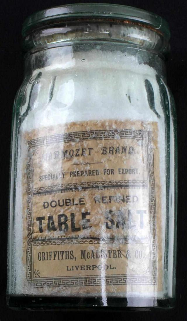ROBERT SCOTT ANTARCTICA EXPEDITION 1910 SALT JAR: Marmozet brand table salt from the 1910-1912 Terra Nova Expedition led by Robert Falcon Scott. Salt jar measures 6.5 inches tall and is in very good condition. It was recovered from ScottÂ’s Cape E