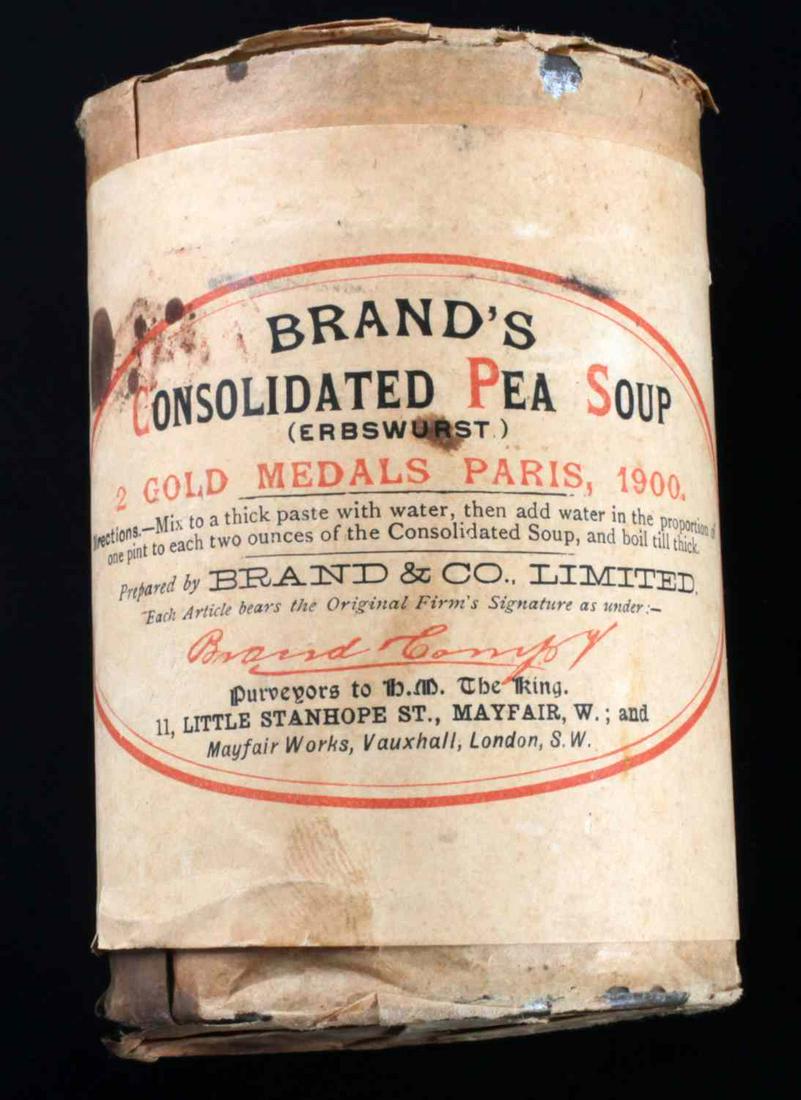ERNEST SHACKLETON ANTARCITCA NIMROD PEA SOUP CAN: Can of Brand's Consolidated Pea Soup from Ernest Shackleton's Nimrod Expedition. Measures about 4 inches high by 2.5 inches in diameter. Paper wrapping is in mostly good condition with some tearing. I