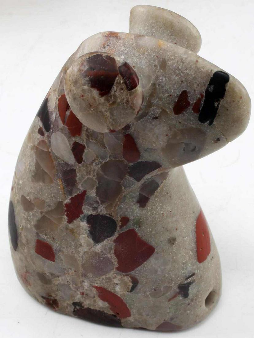 NATIVE AMERICAN POPEYE BIRDSTONE GRANITE FIGURE: Large popeye birdstone made of a heavily flaked granite. Measures 5 inches in height. Has pair of pass-through holes on the front and back of the base. In very good condition.