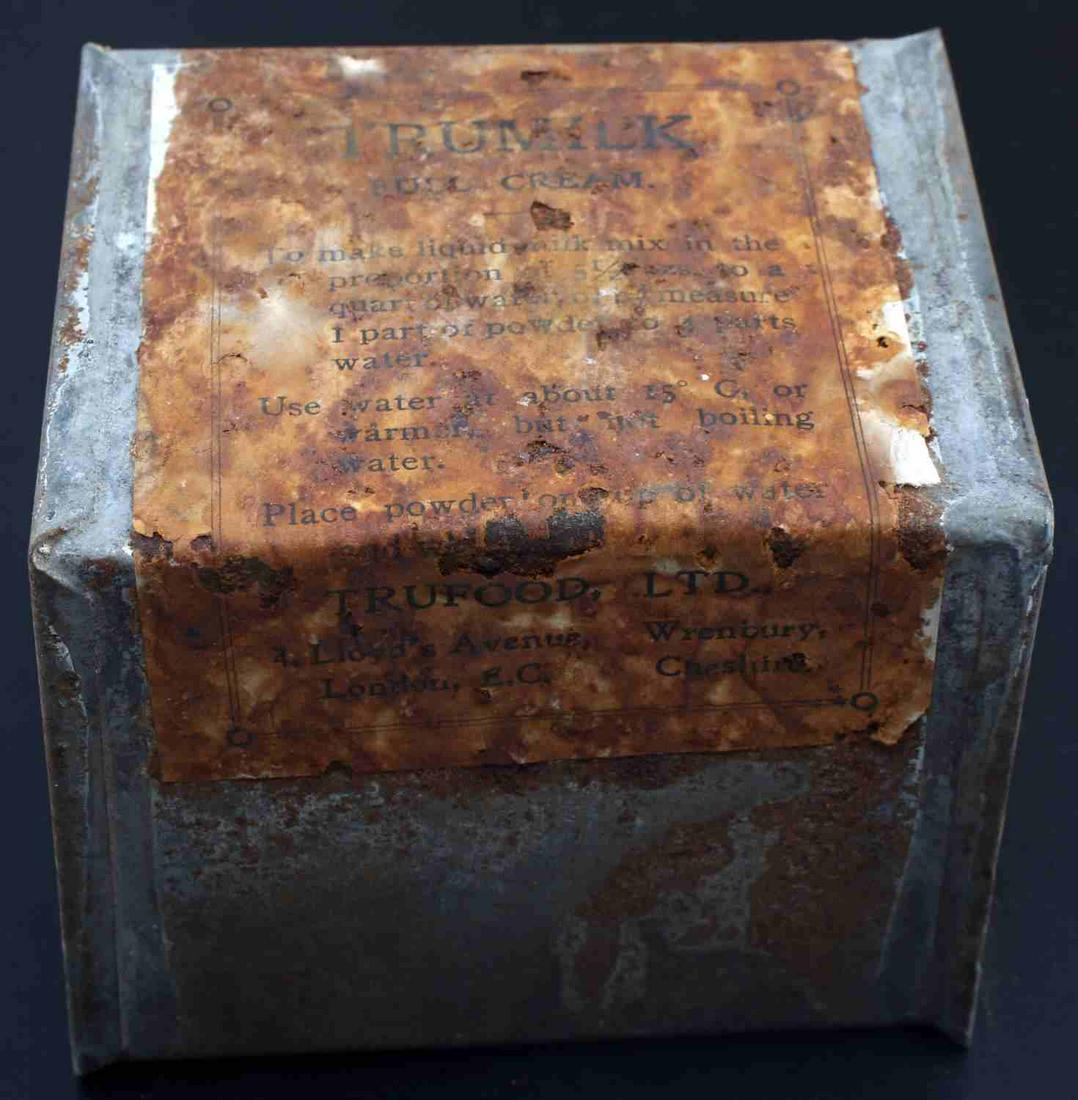 ROBERT SCOTT ANTARCTICA EXPEDITION POWDER MILK TIN: Trumilk Trufood, LTD. powdered milk tin from the 1910-1912 Terra Nova Expedition led by Robert Falcon Scott. Tin was recovered from ScottÂ’s Cape Evans site by Ensign Earl Johnson from the USCGC No