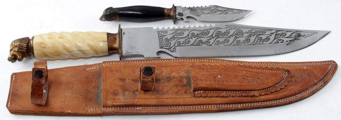 MEXICAN LARGE AND SMALL SAWBACK BOWIE KNIFE: Nice Mexican Large + Small Sawback Bowie Knife Set. Larger knife measures 15.5" with a 10" blade. Small knife : 7.5" with a 4" blade. Both share a nice full leather sheath. Very good condition overall