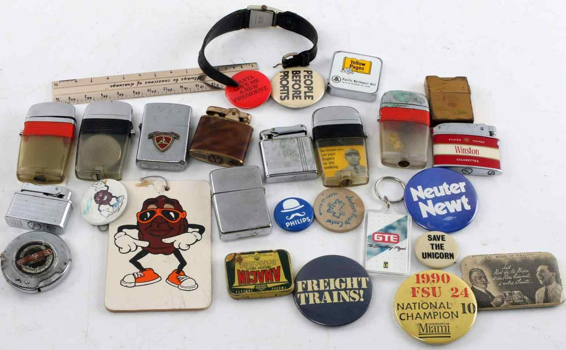 VINTAGE ADVERTISING LOT LIGHTERS PINBACKS MIRROR: Big lot of advertising collectibles, partial list to include Walt Peabody Rotary Prince lighter, Beer advertising mirror, plain 1980;s Zippo, Winston lighter, 2 Vu-Lighters 1 has Kennedy 1966 40% silv