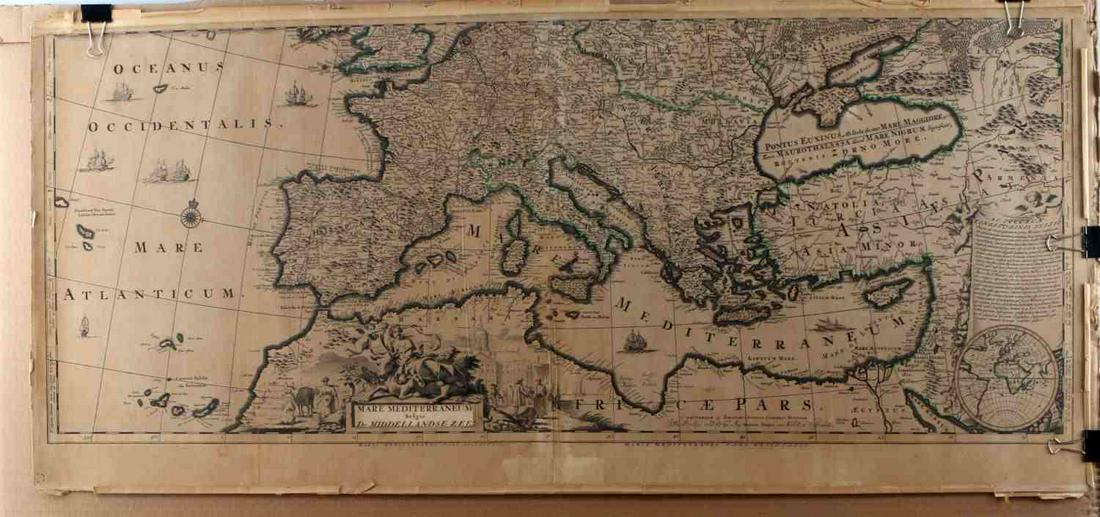 JOHANES COVENS & CORNELIS MORTIER MEDITERANNEAN: Covens & Mortier Mediterannean map "Mare Mediterraneum Belgis De Middellandse Zee" Measures 14.25 inches by 19.5 inches. Some damage to the edges of the map.