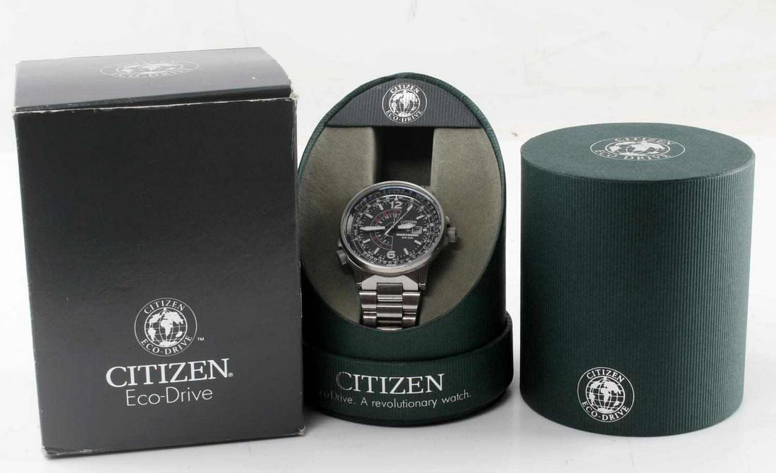CITIZEN ECO DRIVE NIGHTHAWK MENS WATCH: Model BJ7XXX/ CAL.NO.B877, gently used with box and manual, inside stainless band measures 7 inches approximately, working with recent battery.