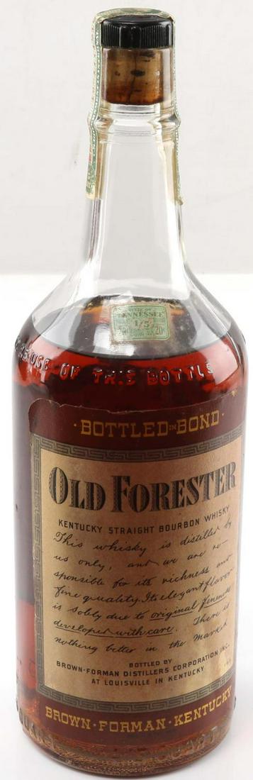 1944 SEALED FULL BOTTLE OF OLD FORESTER BOURBON: DIRECT PICK UP OR YOU MUST ARRANGE OUTSIDE SHIPPING, must be 21 years old, Unable to ship in house. With unbroken 1944 Tennessee tax seal, shoulder level.