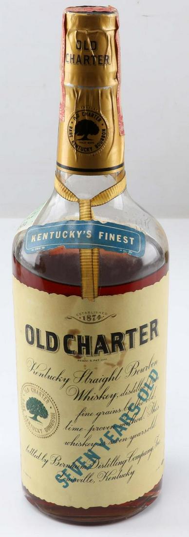 1942 UNOPENED BOTTLE OF OLD CHARTER BOURBON: Unable to ship in house, DIRECT PICK UP OR YOU MUST ARRANGE OUTSIDE SHIPPING, must be 21 years old. Dated label 4-42, shoulder level mellowing very good condition, state of Tennessee and Internal Reve
