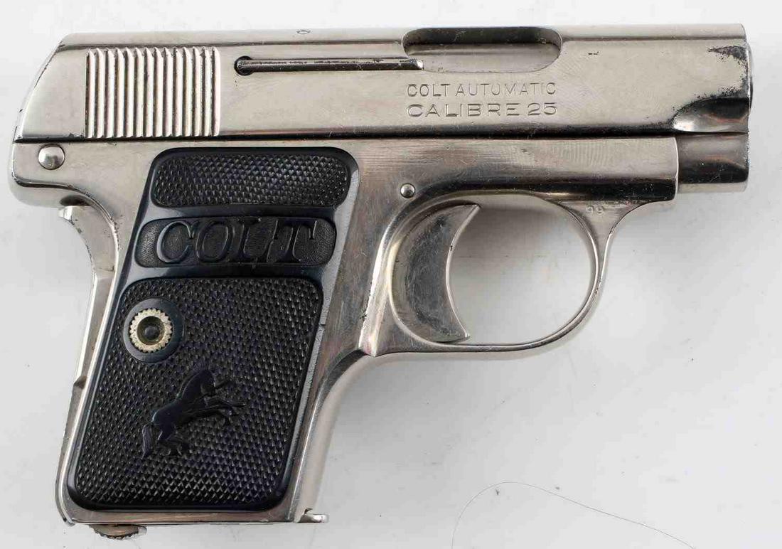 COLT MODEL 1908 VEST POCKET HAMMERLESS .25 CAL: Colt Model 1908 Vest Pocket Hammerless.25 Automatic pistol. Serial number indicated 1933 manufacture date. Nickel finish has minor wear. In very good condition. Bore is bright and clear. Cannot be shi