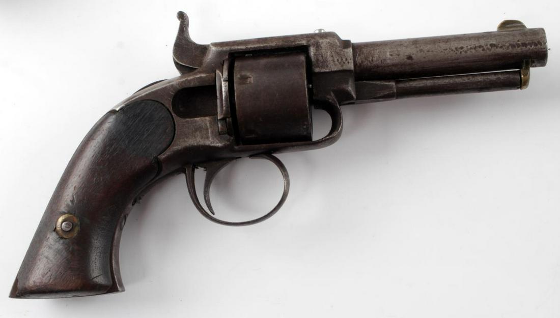 JAMES WARREN SA POCKET REVOLVER .28 RIMFIRE: 1860's production. Patina all over but smooth to touch, walnut grips, serial no. marked to butt, 3 inch barrel with oxidized bore. Little play in cylinder but action works. Good condition. Cannot ship