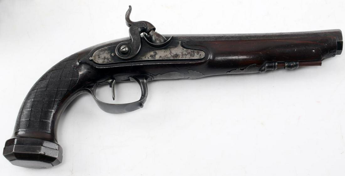 ANTIQUE EUROPEAN CAVALRY PERCUSSION PISTOL: European cavalry percussion pistol. Marked with a crown over "AM" on its barrel. Has a metal pommel and fittings and raised sights on its barrel. Very good condition overall and functions well mechani