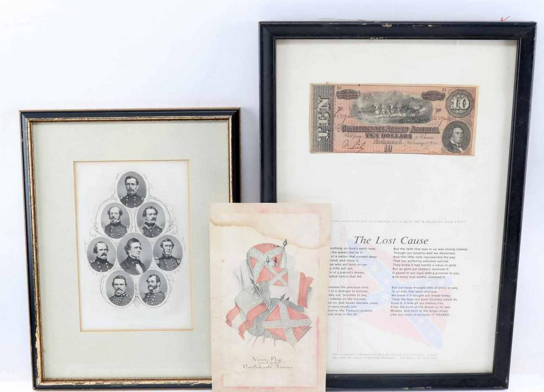 CONFEDERATE INTEREST LITHO RAILROAD CURRENCY: Includes a framed 10 by 13 inch litho of Confederate officers, framed 17 by 12 inch confederate $10.00 confederate bank note above the poem The Lost Cause, and a cotton belt railway flags over Florida