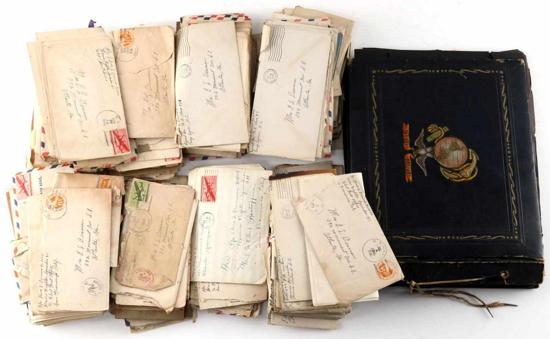 WWII MARINE USMC FIGHTER SQD PHOTOGRAPHS & LETTERS: PFC Elmo S. Denmon S/N 961424 of Atlanta, Georgia, 100's of letters to his wife and son beginning with his enlistment and boot camp at Parris Island, followed by training and attachment Marine Fighter