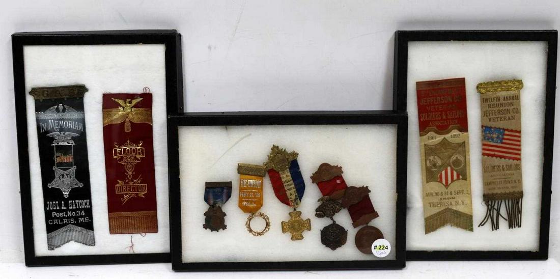 COLLECTION OF CIVIL WAR GAR MEDALS AND RIBBONS: Contained in 3 Riker mounts collection consists of @ Calais Maine GAR ribbons, 2 Soldiers and Sailors 1892 Veterans ribbons, 4 complete medals California and others 2 are not complete.