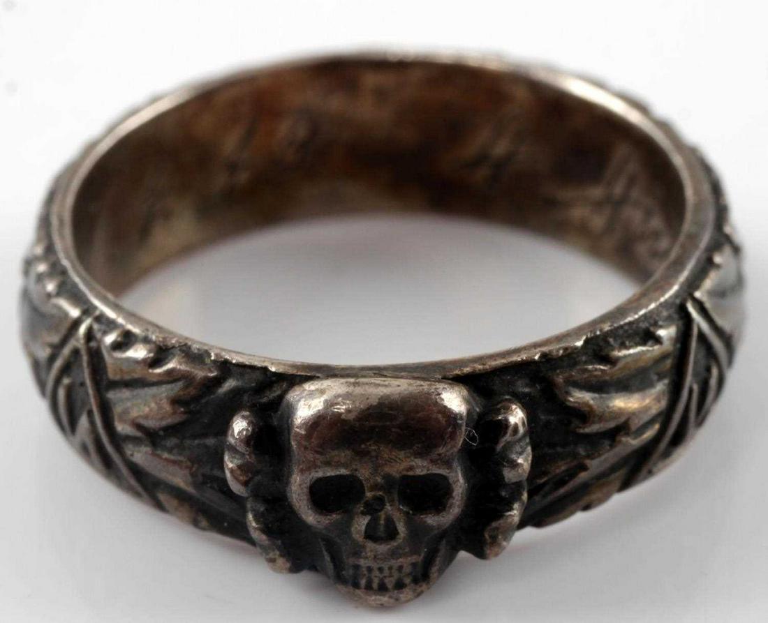 WWII GERMAN NAMED SS TOTENKOPF HONOR RING: German SS honor ring awarded to SS-Oberfuhrer Dr. Richard von Hoff. Fuhrer on the staff of SS-Abschnitt XIV (Oppeln.) Engraved on interior band with facsimile signature of Heinrich Himmler and his nam