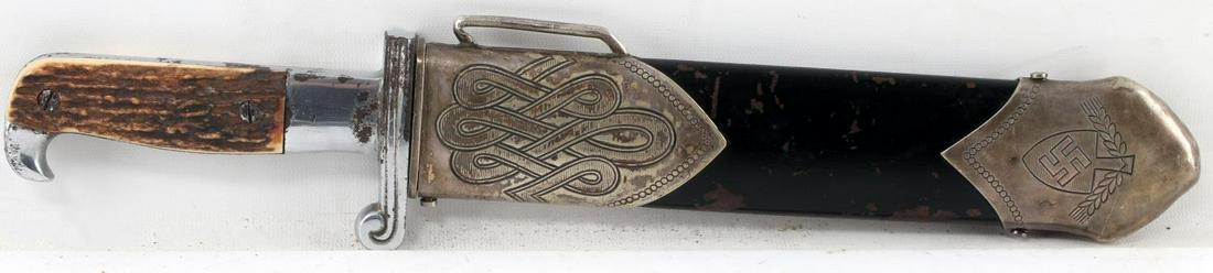 WWII GERMAN THIRD REICH RAD EM HEWER DAGGER: German RAD EM Hewer. Correct Eickhorn "Ges. Gesch Original" maker marked on ricasso with stag handle and nickel finished hilt and guard. Deeply engraved with the motto "Urbeit adelt," however much of 