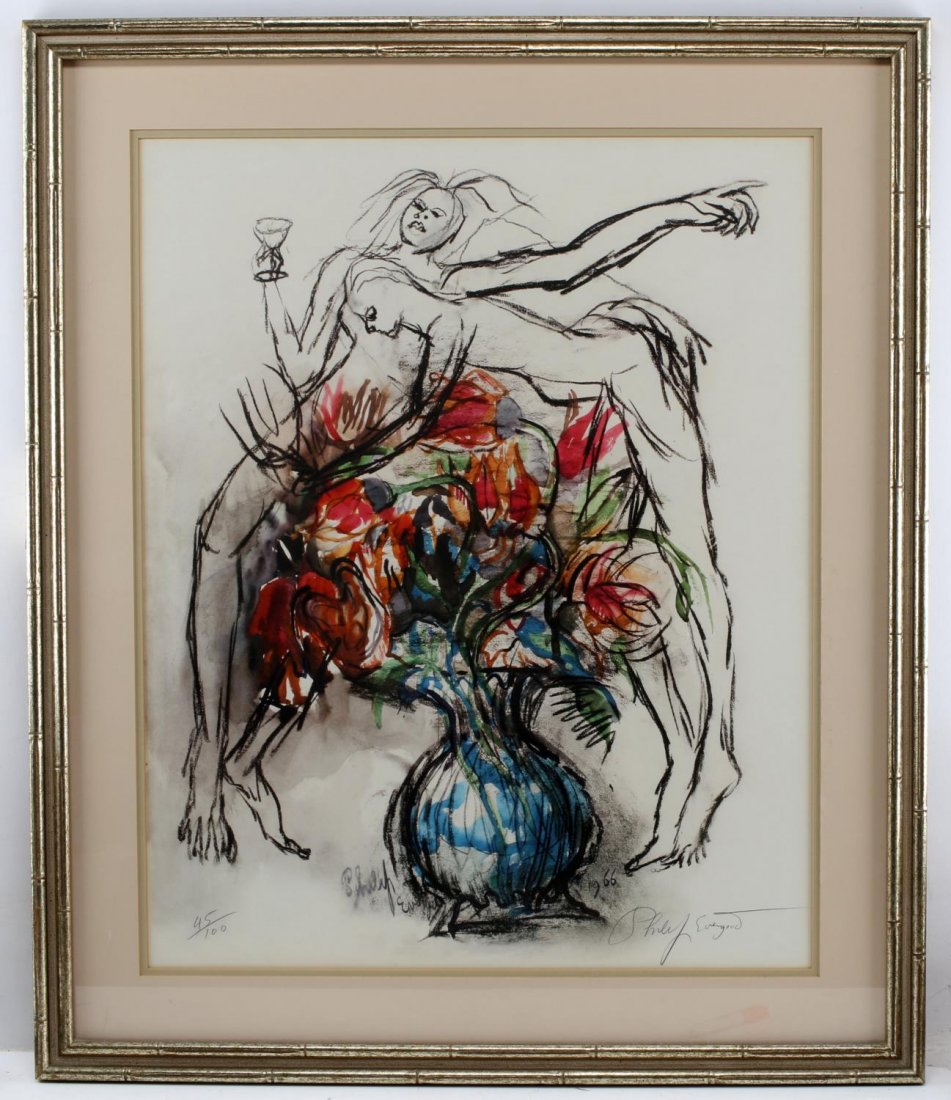 PHILIP EVERGOOD PENCIL SIGNED FRAMED LITHOGRAPH: Philip Evergood lithograph "Lovers with Flowers" 1966. Signed on plate and in pencil. Numbered in pencil bottom left 45/100. Mounted in antiqued frame and matted in complementary color. Measures 19.75