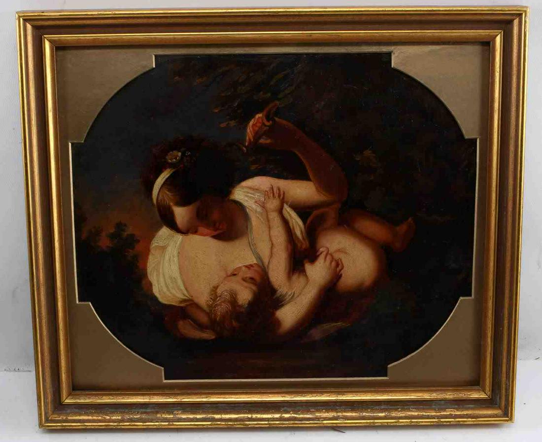 FRAMED OIL PAINTING APHRODITE & EROS CLASSICAL: Oil on board painting shows Aphrodite lounging and playing with Eros who reaches up for a rattle she holds in her hand. Excellent use chiaroscuro highlights the figures. Landscape is done in a fine ha