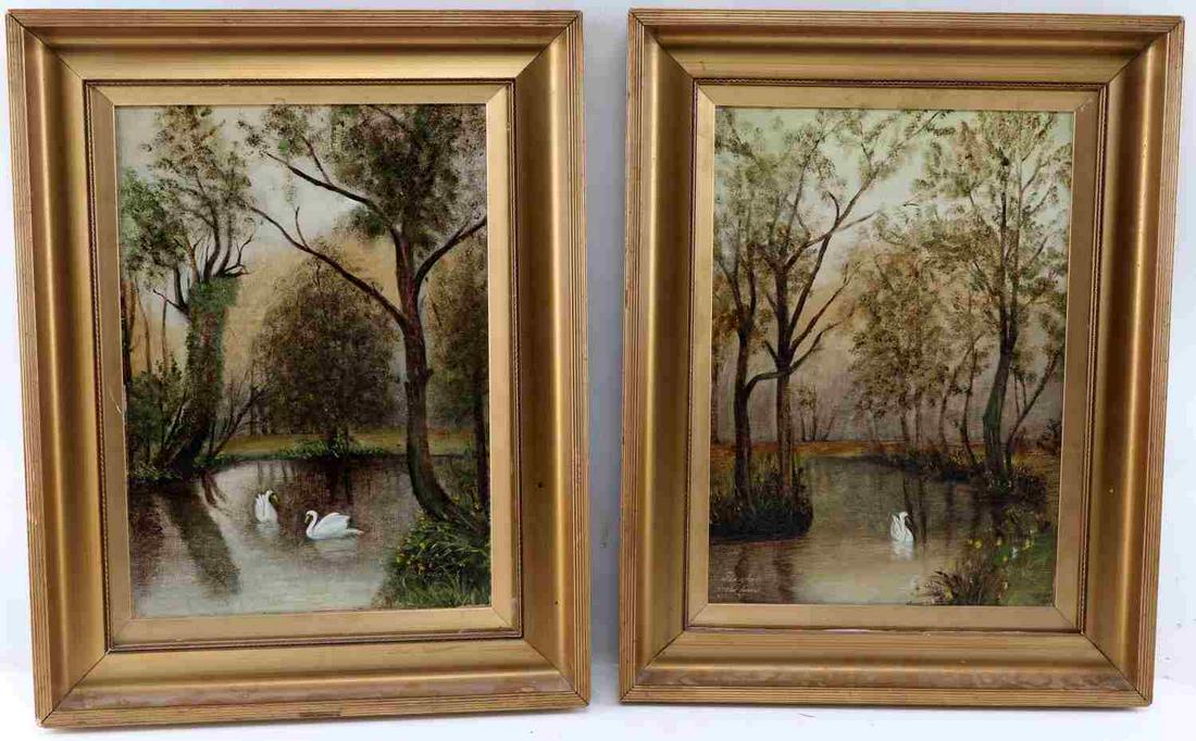 PAIR OF LANDSCAPE OIL ON CANVAS FRAMED PAINTINGS: Two paintings showing marshy landscape scenes. One with legible title at bottom left "The shade of the forest" Both signed bottom right "Percy Harvey" Mounted in gilded frames that compliment the tone