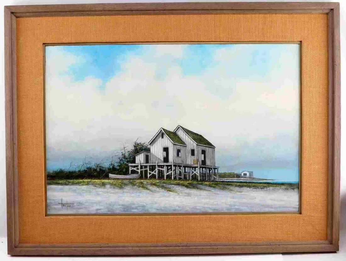 HENRY PARKER FLORIDA BEACH LANDSCAPE PAINTING: Oil on canvas by 20th century artist Henry Parker. Originally from Pennsylvania, Parker began painting Florida beach landscapes and homes after studying at the University of Miami’s Lowe Gallery. Pa