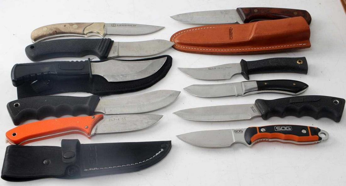WESTERN LEUPOLD SOG HUNTING KNIFE LOT OF 10: This lot includes a good variety of fixed blade knives by Western, Leupold, SOG, and more. 10 knives in total. Knives vary in size and condition. Good to very good overall.