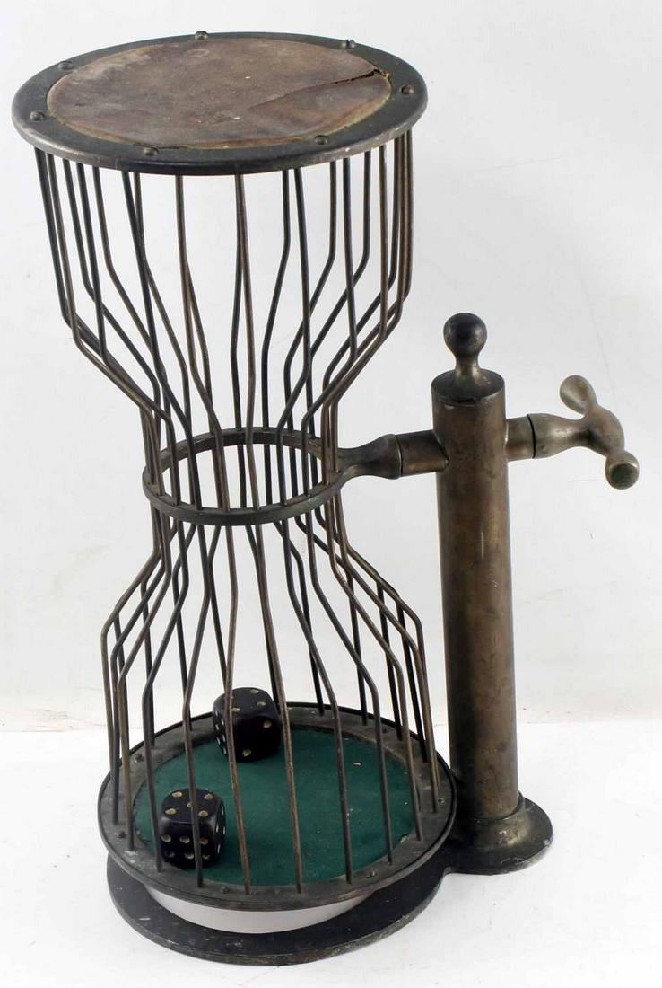 VINTAGE CAGE DICE GAME CHUCK A LUCK BRASS: Brass stand and cage with felt to bottom and two large wooden dice. Stands 15 inches tall. Good vintage condition.