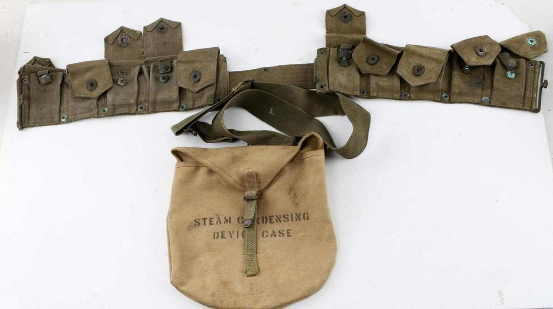WWII US WEB CARTRIDGE BELT & BROWNING STEAM CASE: US Army M1 Garand web cartridge belt and browning steam condensing device case. Fair condition with some staining, soiling, and fabric wear present. Corrosion present on pouch closures.