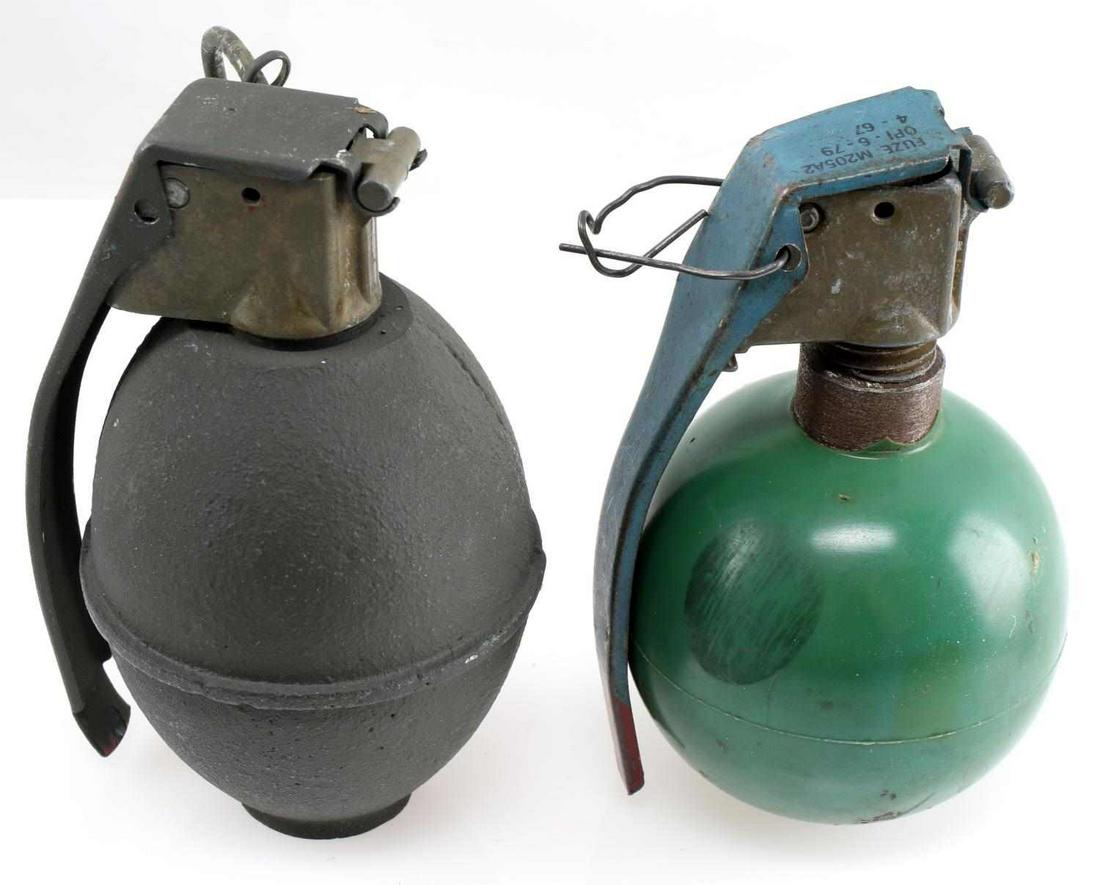 KOREAN WAR INERT & DUMMY GRENADE LOT OF 2: Korean War era inert M26 fragmentation grenade and dummy practice grenade. M26 grenade has been recently repainted. Good with this exception.