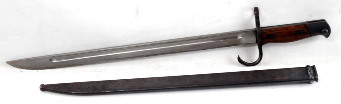 WWII IMPERIAL JAPANESE TYPE 30 ARISAKA BAYONET: Japanese Type 30 Arisaka bayonet. Hooked quillion version with Nagoya Rikugun Zoheisho Arsenal mark on its ricasso. Very good condition with near excellent blade. 1 small dent on scabbard with some su